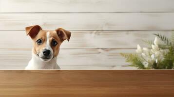 AI generated Terrier jack russell peeking over desk ai generated banner background copy space photo