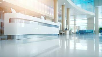 AI generated A softly focused image of a modern office lobby with a reception desk, computer, and telephone, bathed in warm sunlight, conveying a welcoming atmosphere for visitors. photo