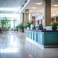 AI generated A softly focused image of a modern office lobby with a reception desk, computer, and telephone, bathed in warm sunlight, conveying a welcoming atmosphere for visitors. photo