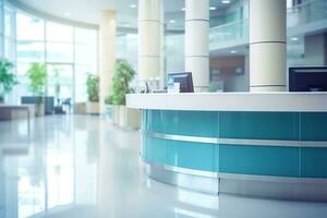 AI generated A softly focused image of a modern office lobby with a reception desk, computer, and telephone, bathed in warm sunlight, conveying a welcoming atmosphere for visitors. photo