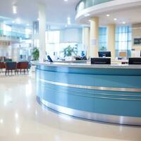 AI generated A softly focused image of a modern office lobby with a reception desk, computer, and telephone, bathed in warm sunlight, conveying a welcoming atmosphere for visitors. photo