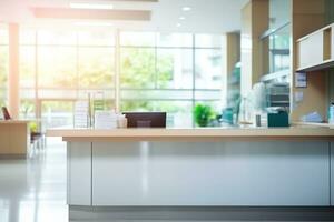 AI generated A softly focused image of a modern office lobby with a reception desk, computer, and telephone, bathed in warm sunlight, conveying a welcoming atmosphere for visitors. photo