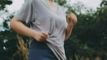 oefening en gezond concept, jong Aziatisch loper vrouw rennen in de park in sportkleding ochtend- tijd, selectief focus video