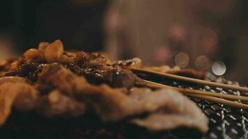 Party for barbecue japanese style, yakiniku. Meats are being cooked on stove in a japanese video