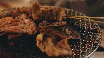 Party for barbecue japanese style, yakiniku. Meats are being cooked on stove in a japanese video