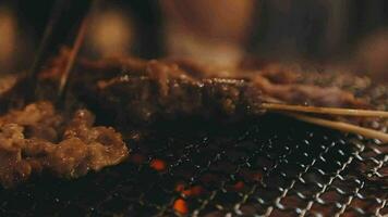 Party for barbecue japanese style, yakiniku. Meats are being cooked on stove in a japanese video