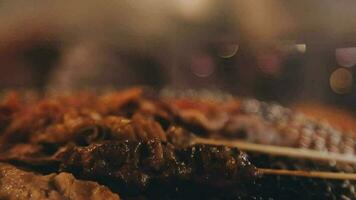 Party for barbecue japanese style, yakiniku. Meats are being cooked on stove in a japanese video