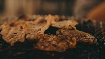 Party for barbecue japanese style, yakiniku. Meats are being cooked on stove in a japanese video