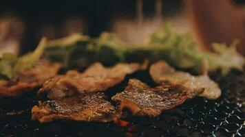 Party for barbecue japanese style, yakiniku. Meats are being cooked on stove in a japanese video