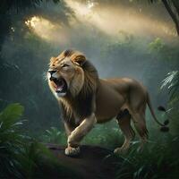 AI generated lion's attack, Realistic images of wild animal attacks photo