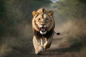 ai generado leon ataque, realista imágenes de salvaje animal ataques foto