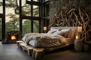 AI generated Bedroom exuding rustic elegance, bed frame is made from reclaimed wood photo