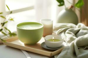 AI generated Matcha latte with a serene morning backdrop. A cozy blanket and a book next to it photo