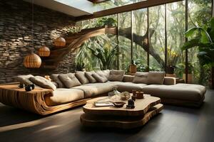 AI generated Chic living room design that embraces eco-friendly principles, natural light, wide windows, bright and airy feel photo