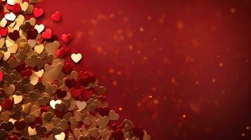 AI generated Golden confetti and pink hearts on a red background, copy space. Background of Valentines day concept. photo