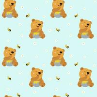 Cute teddy bear with honey, bee and flowers. Funny seamless pattern vector