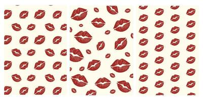 Collection of lip and lipstick print patterns. Seamless patterns for Valentine's Day. vector