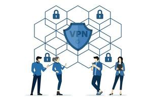 Virtual Private Network Concept. VPN service on laptop. data protection, remote servers, cyber security, secure web traffic. Modern flat cartoon style. Vector illustration on white background.