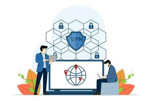 virtual privado red concepto. vpn Servicio en ordenador portátil. datos proteccion, remoto servidores, ciber seguridad, seguro web tráfico. moderno plano dibujos animados estilo. vector ilustración en blanco antecedentes.