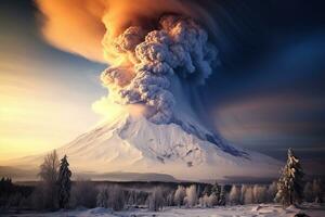 AI generated Powerful volcanic eruption in snowy mountains. Generated by artificial intelligence photo