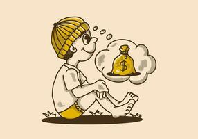 Retro character illustration of a beanie boy sitting and daydreaming vector