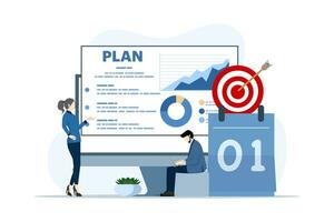 Development plan concept. Teams navigate digital planning, allocate resources, monitor results, and adapt strategies. Digitization, task tracking and feedback loops. Flat Vector Illustration.