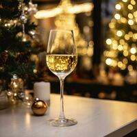 AI generated Glasses of champagne and Christmas decor on table against blurred background photo