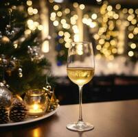 AI generated Glasses of champagne and Christmas decor on table against blurred background photo