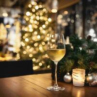 AI generated Glasses of champagne and Christmas decor on table against blurred background photo