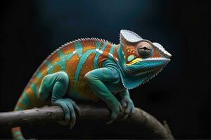 ai generado de cerca foto exótico reptil de camaleón con varios colores de naturaleza