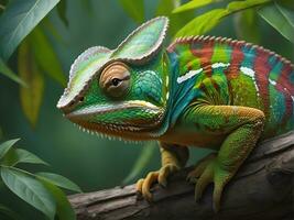 ai generado de cerca foto exótico reptil de camaleón con varios colores de naturaleza