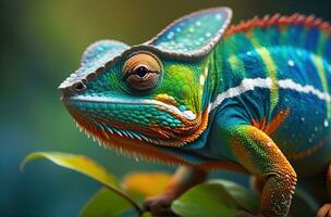 AI generated Close-up photo Exotic Reptile of chameleon with various colors of nature