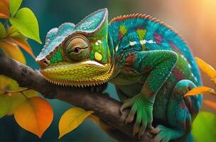 ai generado de cerca foto exótico reptil de camaleón con varios colores de naturaleza