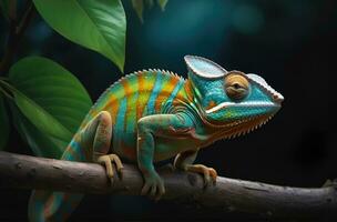 ai generado de cerca foto exótico reptil de camaleón con varios colores de naturaleza
