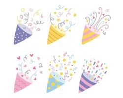 Party Confetti Popper Set. Collection of Isolated confetti, explosion, firecracker, celebration in hand drawn style. Vector illustration.