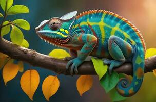 ai generado de cerca foto exótico reptil de camaleón con varios colores de naturaleza