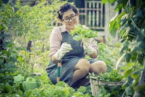 asiático mujer con dientes sonriente cara en hogar jardinería trabajando foto