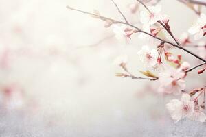 AI generated Spring background with blossoming cherry branch and place for text. Generated by artificial intelligence photo