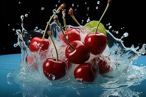 AI generated Ripe juicy cherries in blue water with a splash on a black background. Generated by artificial intelligence photo