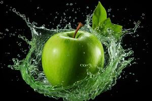 AI generated Ripe green apple with a splash of water isolated on a black background. Generated by artificial intelligence photo