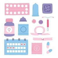 Types of contraception. Pills, calendar, patch, condom and coil. Vector illustration in a flat style. Poster with contraception.World contraception day. Methods of contraception.