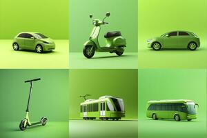 AI generated Collage of green varieties of urban and personal transport. Sustainable lifestyle. AI generated photo