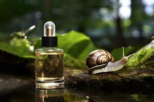 AI generated Snail Mucin Serum bottle in natural background with snail. AI generated photo