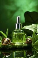 AI generated Snail Mucin Serum bottle in natural background with snail. AI generated photo