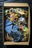 AI generated Box of clothes for recycling. Fast fashion concept. AI generated. photo