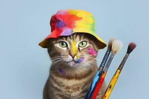 AI generated Artist cat with paint brushes. AI generated photo