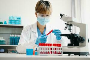 Scientist mixing chemical liquids in the chemistry lab. Researcher working in laboratory photo