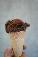 A hand holding of chocolate ice cream in a waffle cone photo