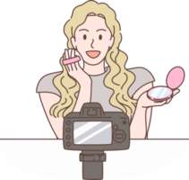 Illustration of beauty blogger recording makeup tutorial video for vlog in Social media. Characters hand drawn style. png