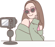 Illustration of influencer shooting video for blog or vlog review in Social media. Characters hand drawn style. png